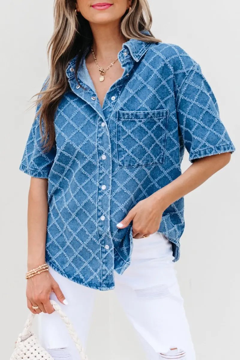 Love Salve Blue Checkered Denim Daily Wear Shirt Women's Casual Short Sleeve Top