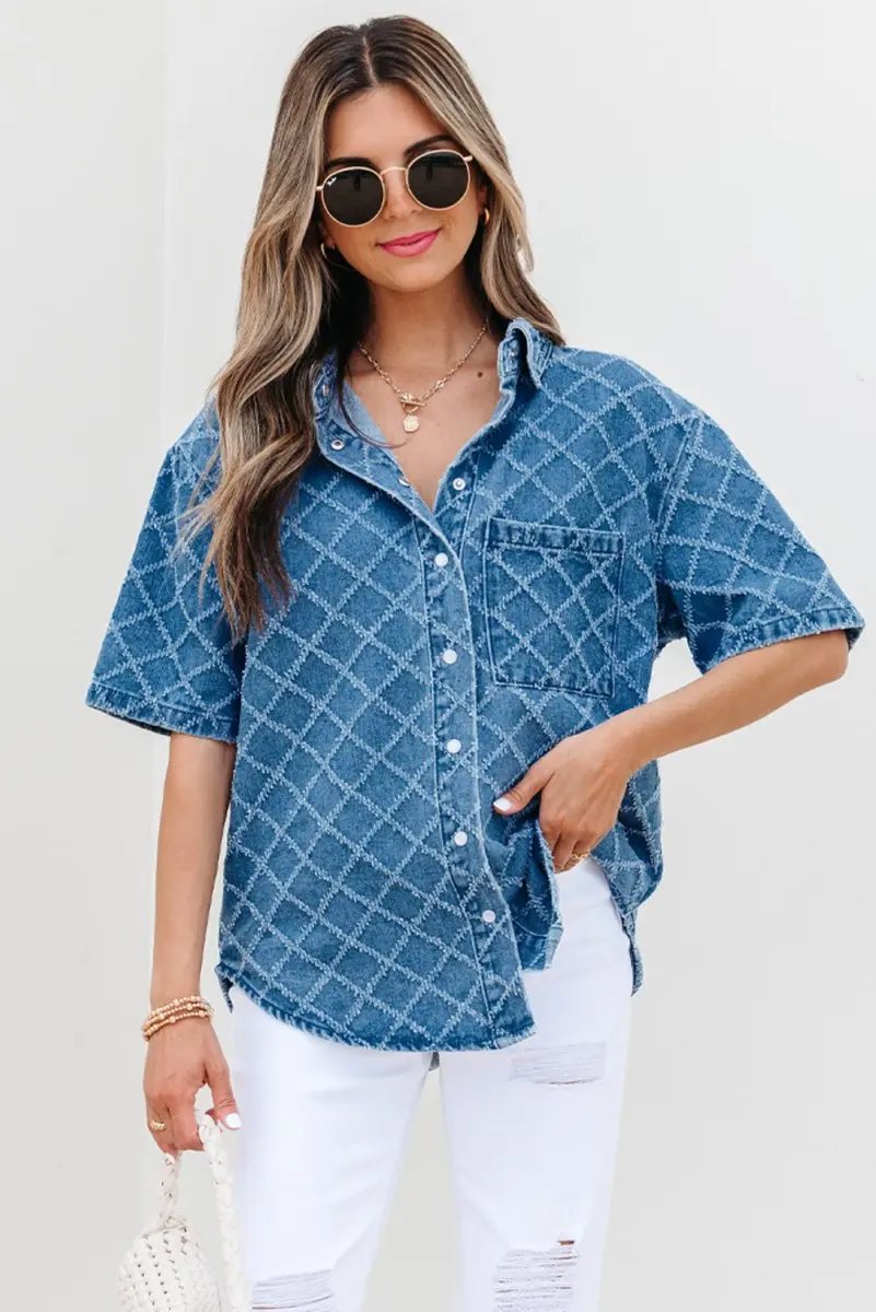 Love Salve Blue Checkered Denim Daily Wear Shirt Women's Casual Short Sleeve Top