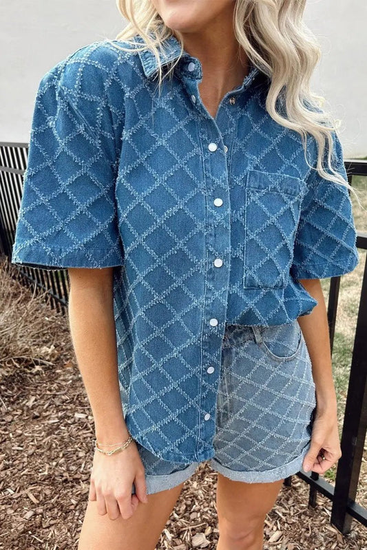 Love Salve Blue Checkered Denim Daily Wear Shirt Women's Casual Short Sleeve Top