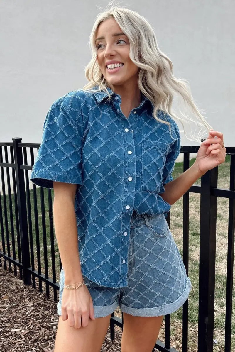 Love Salve Blue Checkered Denim Daily Wear Shirt Women's Casual Short Sleeve Top
