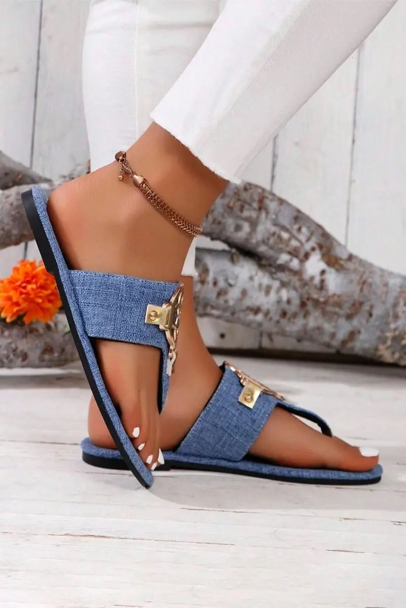 Love Salve Blue Leather Thong Women's Vacation Slippers - Comfy & Casual