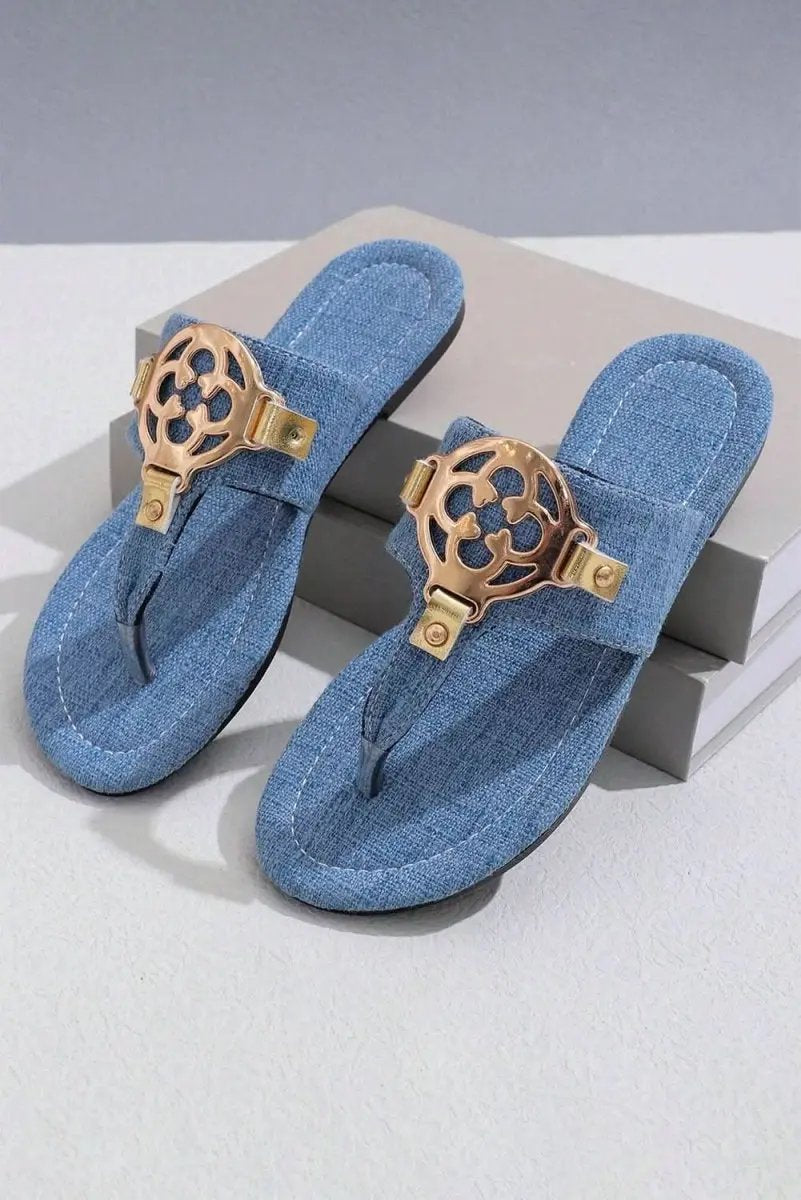 Love Salve Blue Leather Thong Women's Vacation Slippers - Comfy & Casual