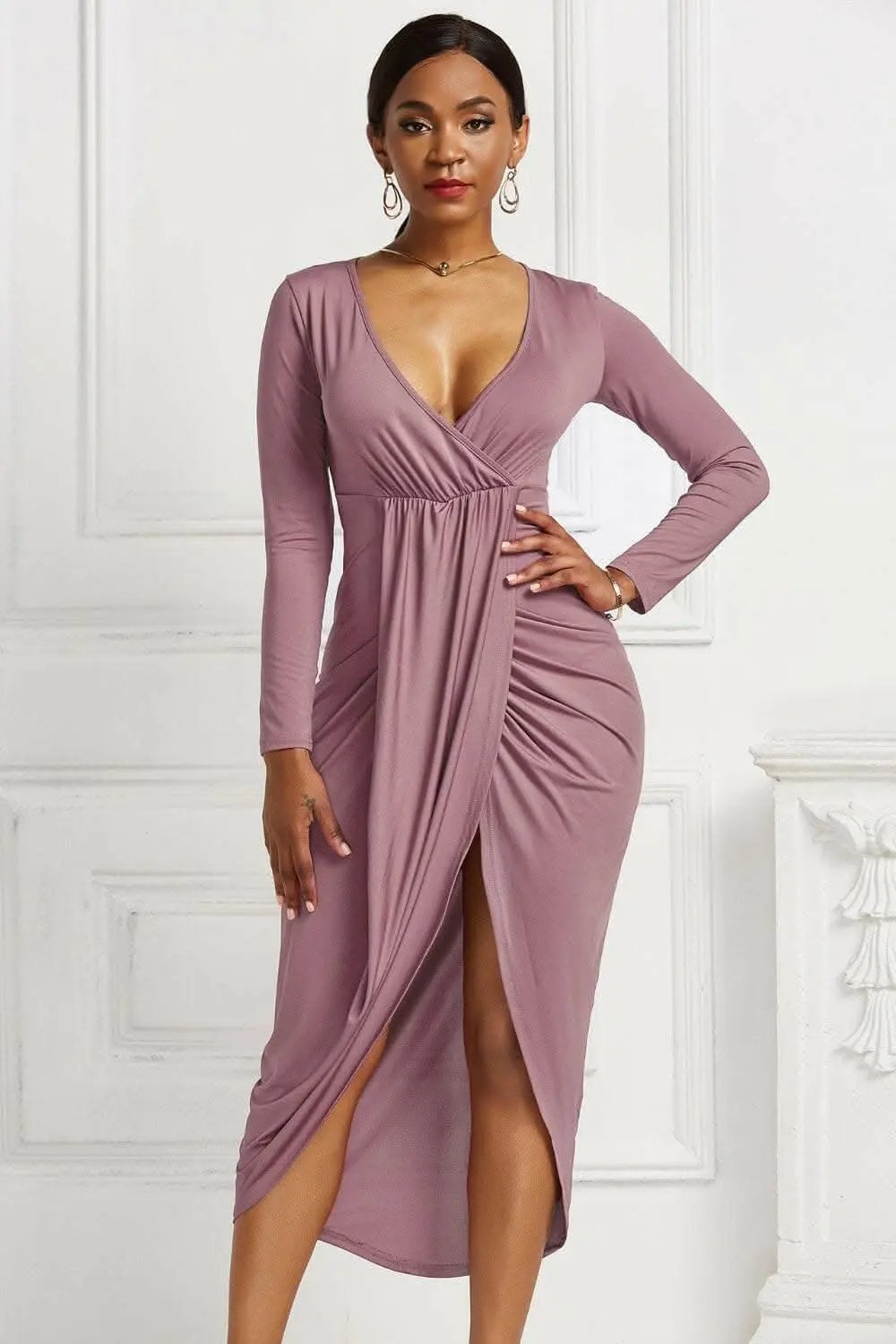 Trendsi Elegant ruched surplice dress