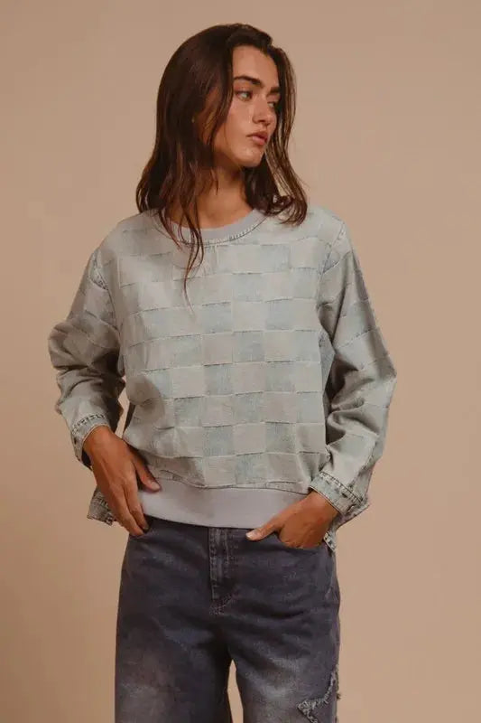 Denim Top - Mineral Washed Checkered - Casual Round Neck