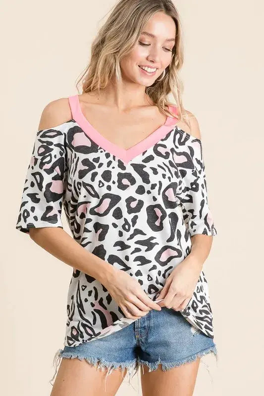 Women's Top - Leopard Print Shoulder Cut Out - Casual T-Shirt