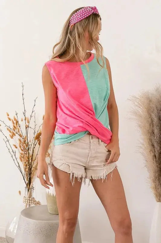 Women's Tank Top - Slub Terry Color Block Twisted - Casual