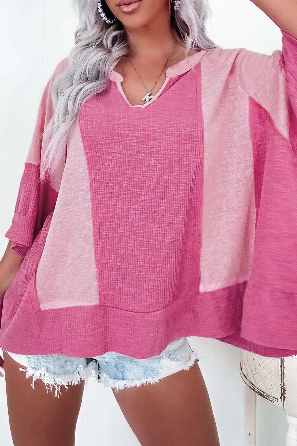 Oversize Top - Pink Colorblock 3/4 Sleeve - Chic Fashion
