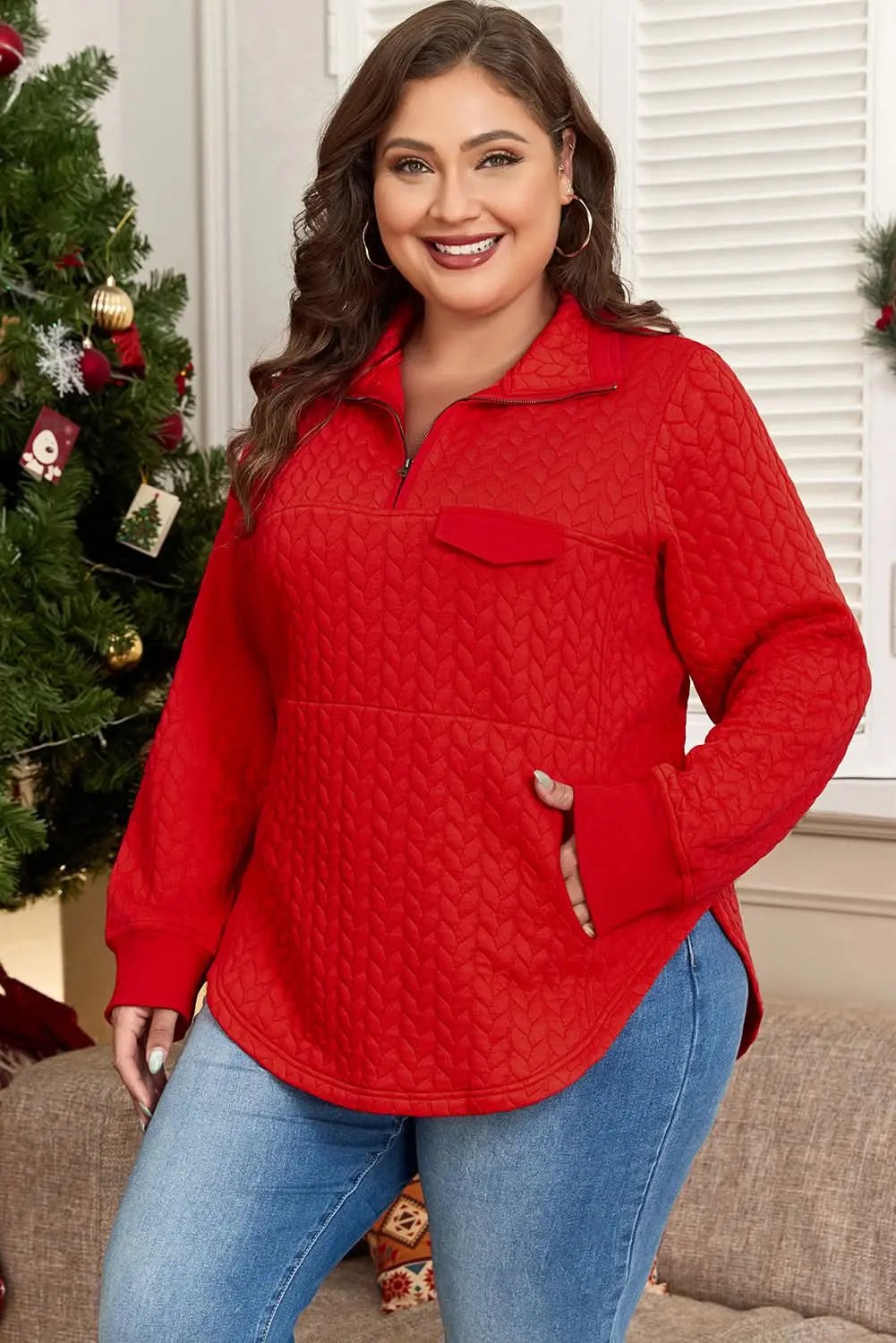 Pullover - Plus Size Tomato Red Cable Knit - Quarter Zip