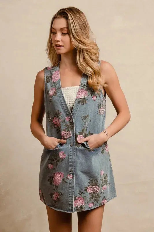 Denim Vest - Floral Print - Women's Chic Casual