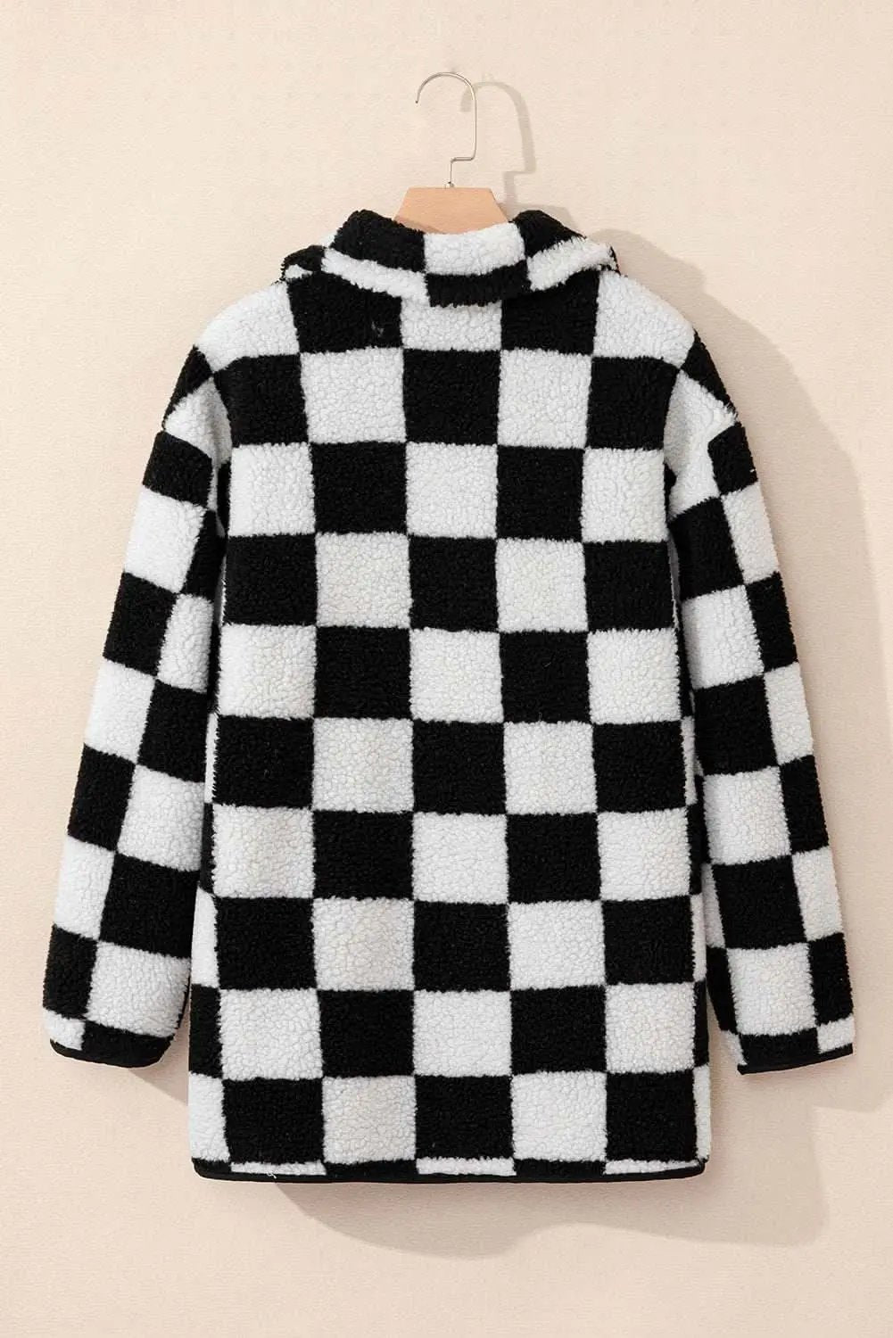 Women's Jacket - Black Checkered Fleece with Side Pockets - Casual Style