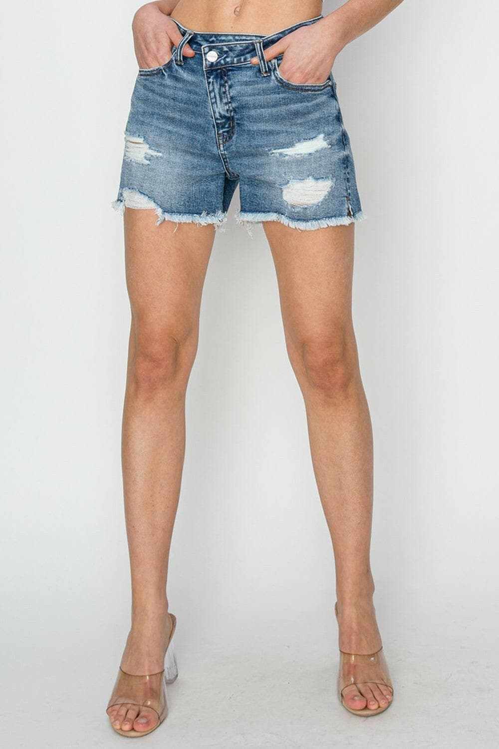 Trendsi Risen Denim Shorts Women's Casual Frayed Hem Stepped Waist