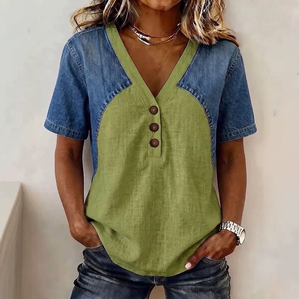 Women's Loose Denim Patchwork Color-Block T-Shirt