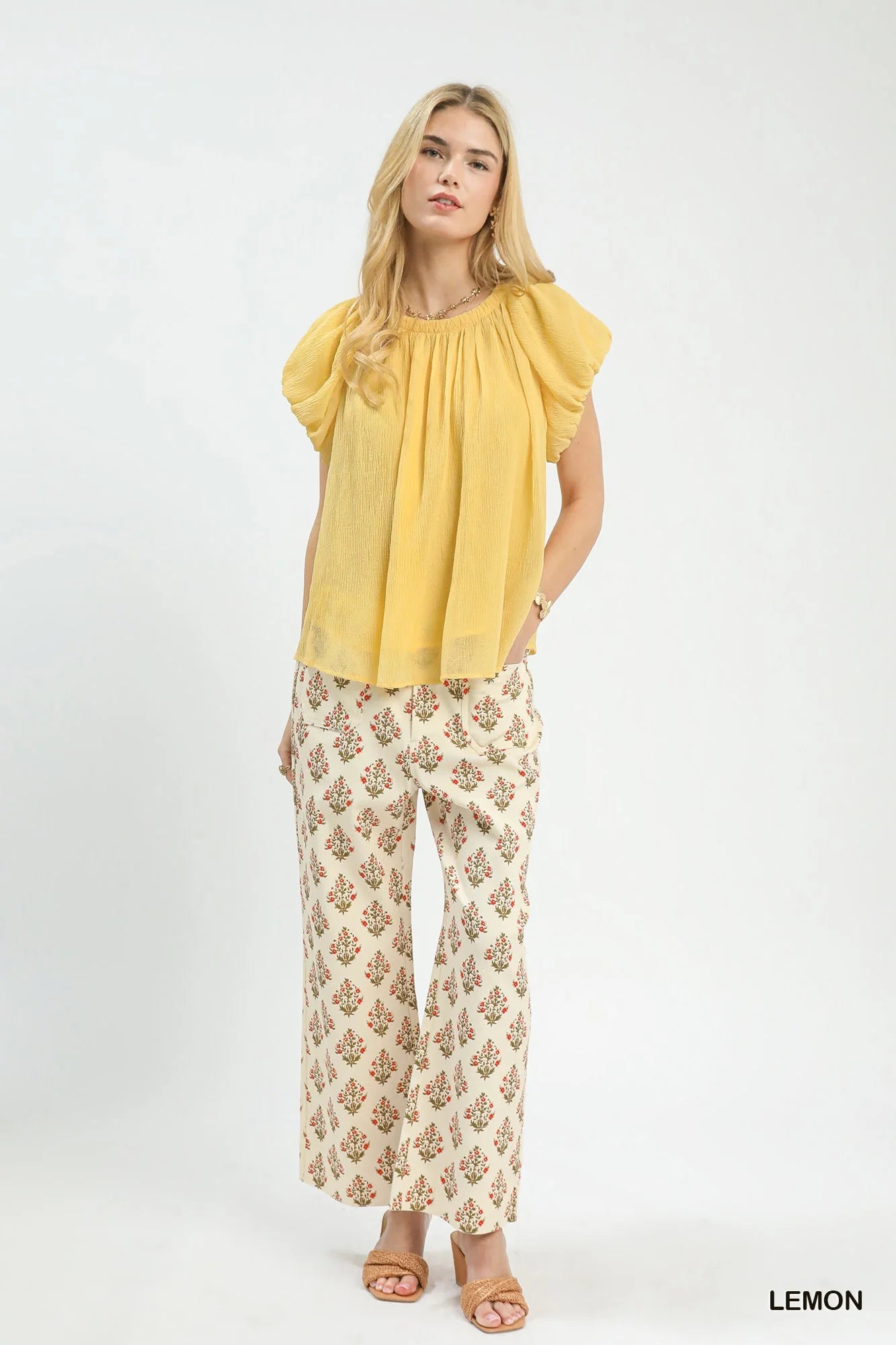 Umgee Crinkle Flutter Sleeve Peasant Top in Lemon