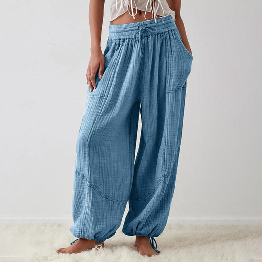 Women’s Solid Color Wide Leg Pants – Elastic Drawstring Waist and Side Pockets