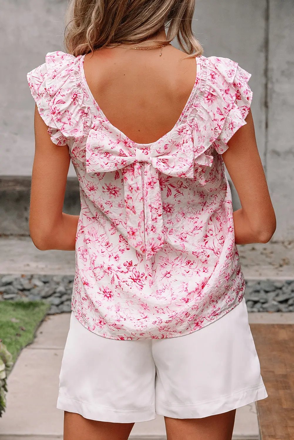 Love Salve Pink Floral Blouse Daily/Vacation Women's Top Ruffle Sleeve Bow Back