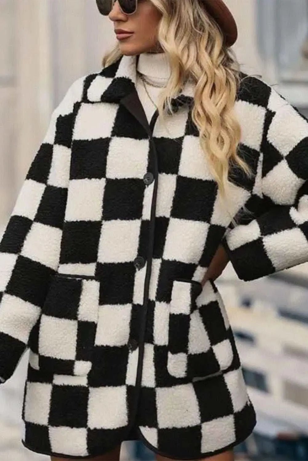 Women's Jacket - Black Checkered Fleece with Side Pockets - Casual Style