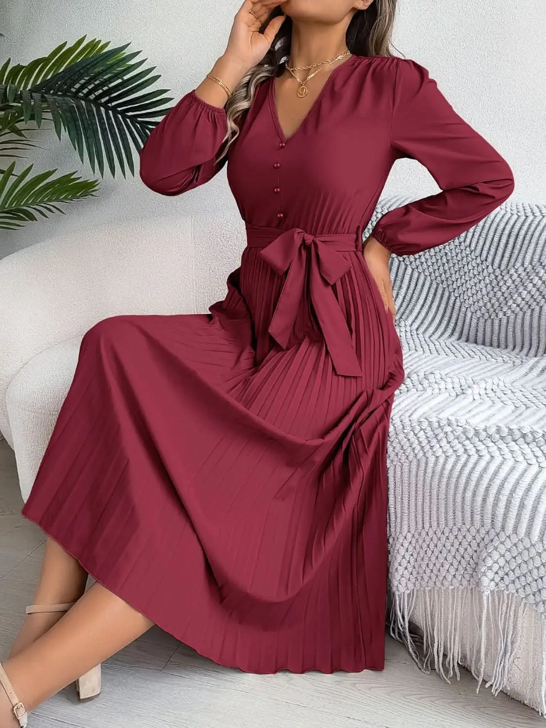 Trendsi V-Neck Dress Women's Elegant Long Sleeve Sheer Tie Dress Fashion