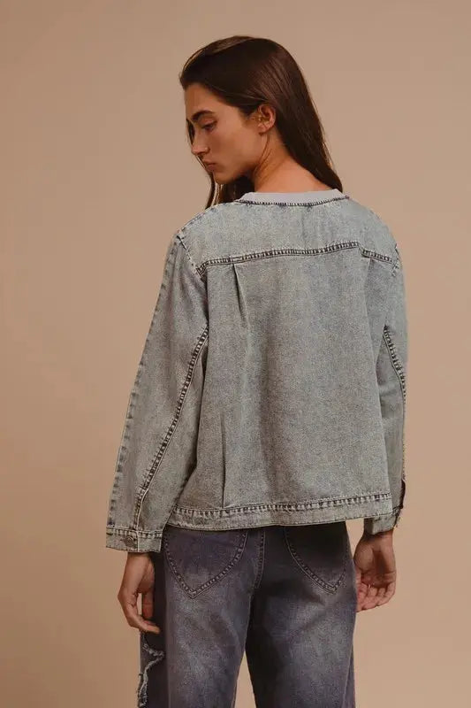 Denim Top - Mineral Washed Checkered - Casual Round Neck