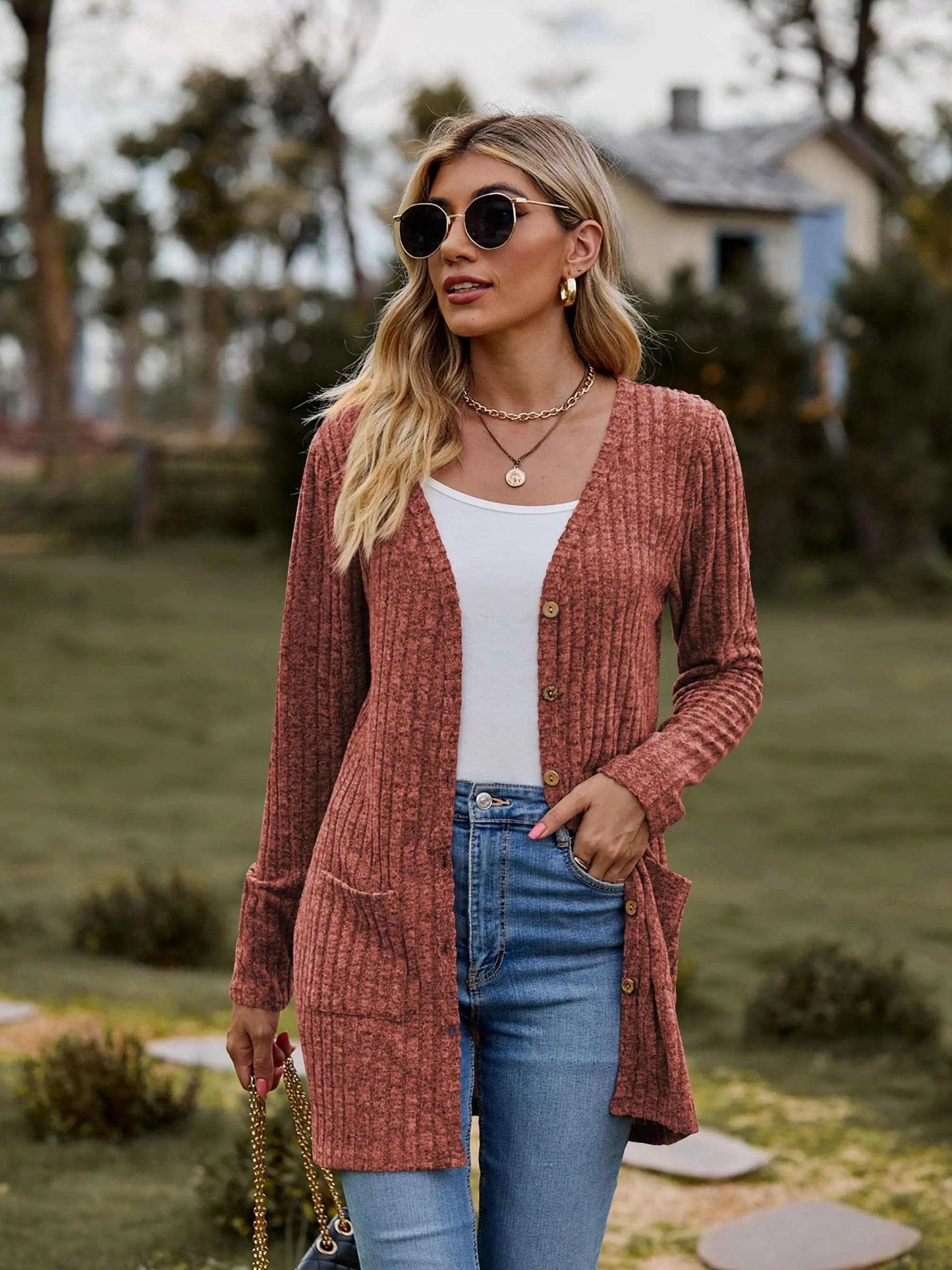 Trendsi Heathered ribbed cardigan with pockets