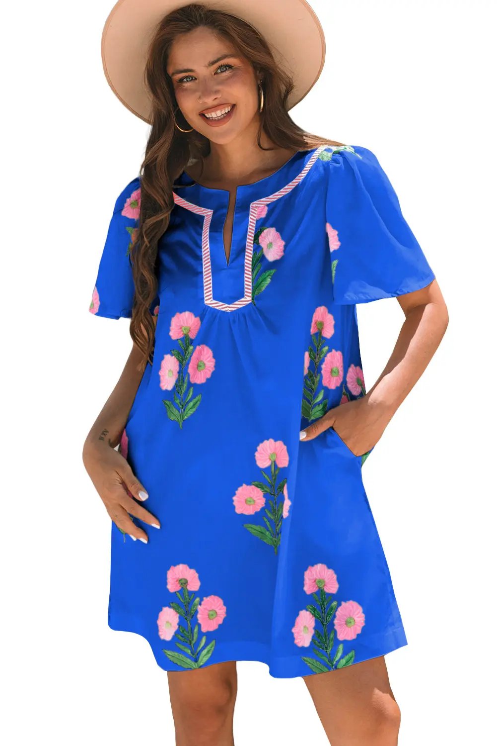 Mini Dress - Blue Floral Short Sleeve - Southern Belle Style