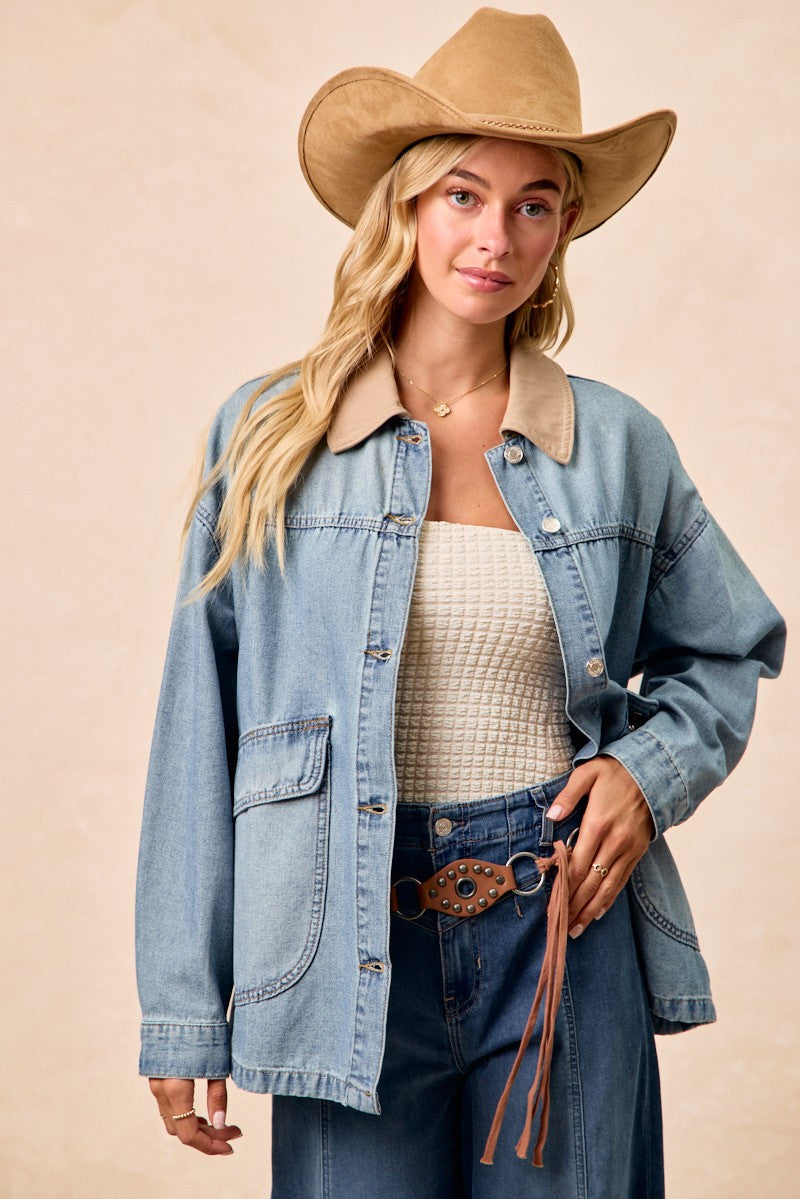 BiBi Washed Denim Contrast Collar Jacket
