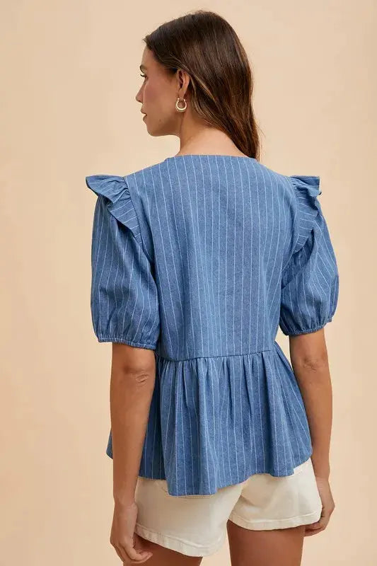 Peplum Blouse - Stripe Front Bow - Denim Style