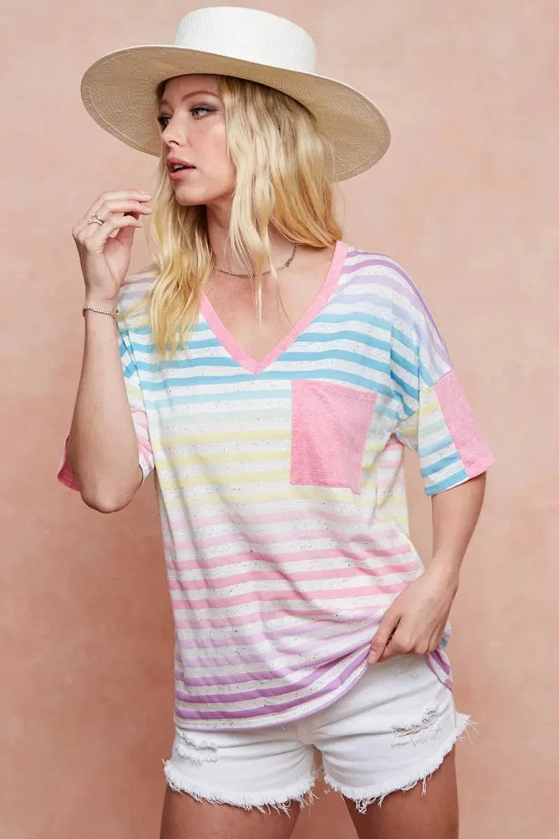 Women's Tee - Rainbow Stripe - Casual Knit Top
