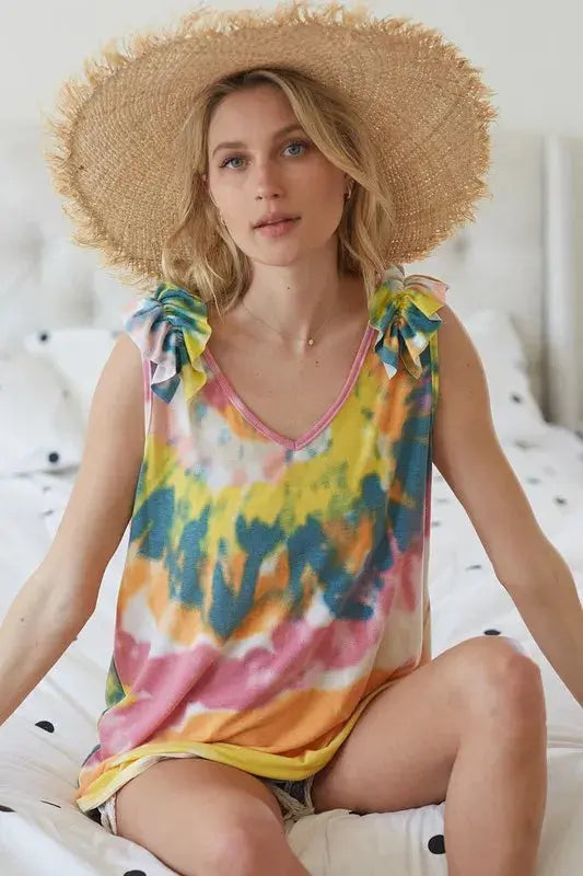 Knit Tank - Tie Dye Ruffle - V-Neck