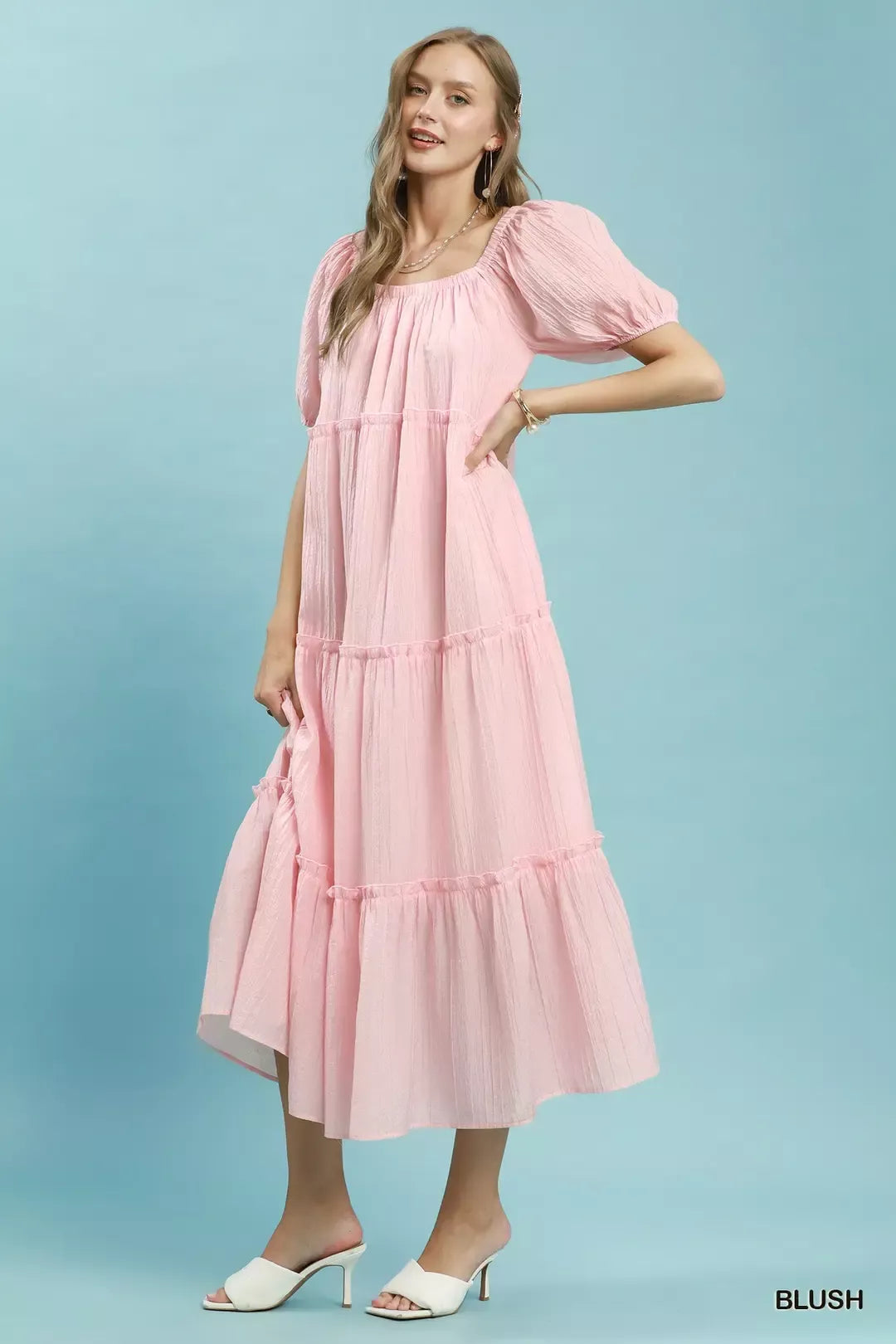 Umgee Textured Tiered Midi Dress in Blush