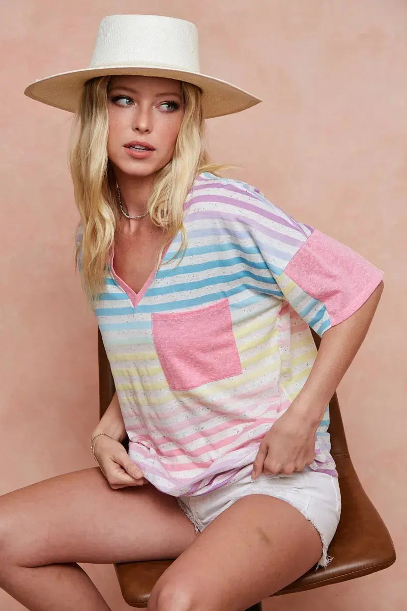Women's Tee - Rainbow Stripe - Casual Knit Top