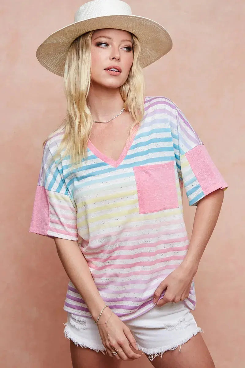 Women's Tee - Rainbow Stripe - Casual Knit Top