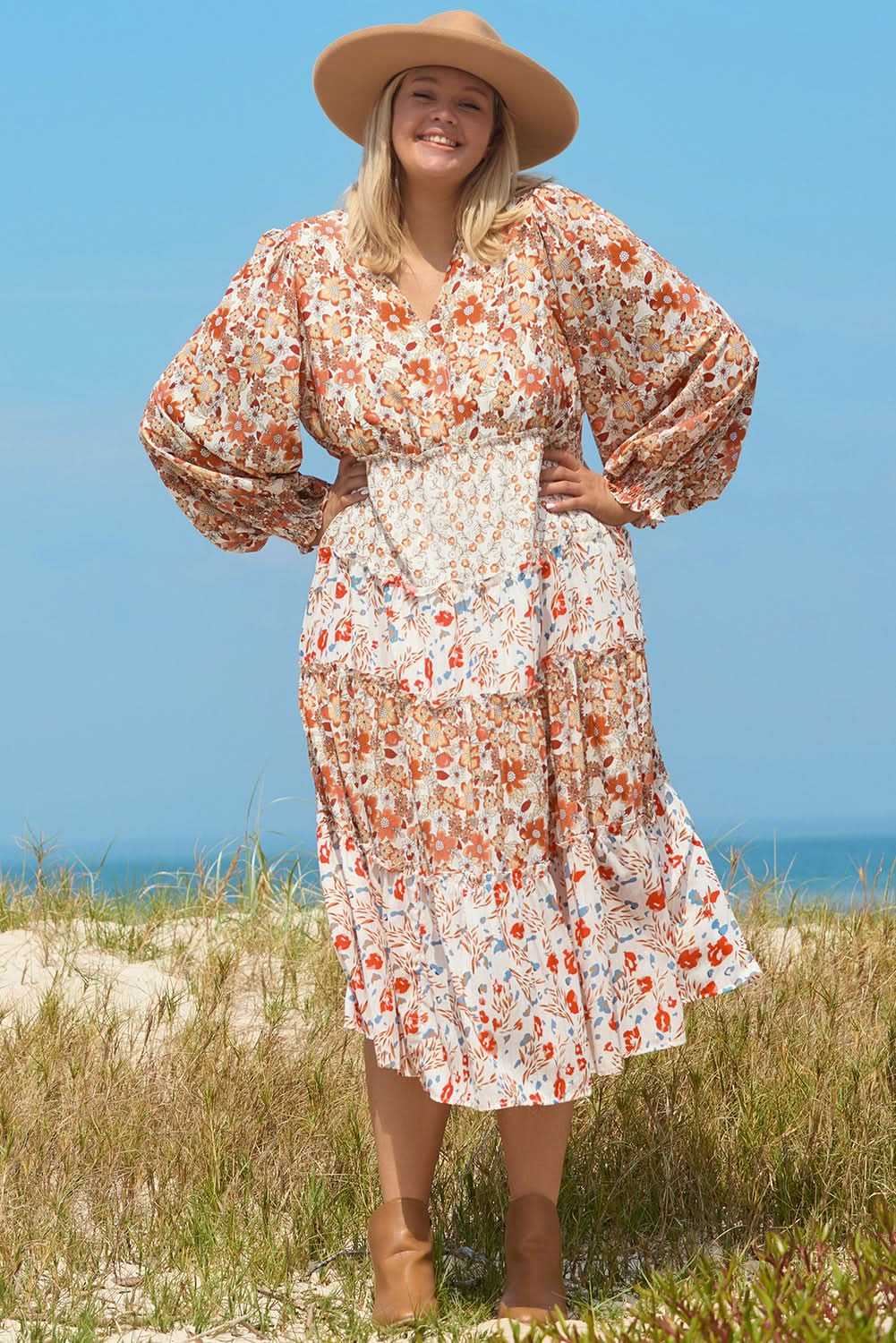 Love Salve Khaki Floral Maxi Dress Women's Fall Southern Belle Style + Comfy Fit