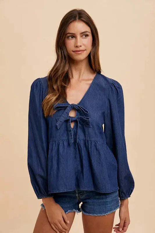 Denim Peplum Top - Navy Blue - Annie Wear Style