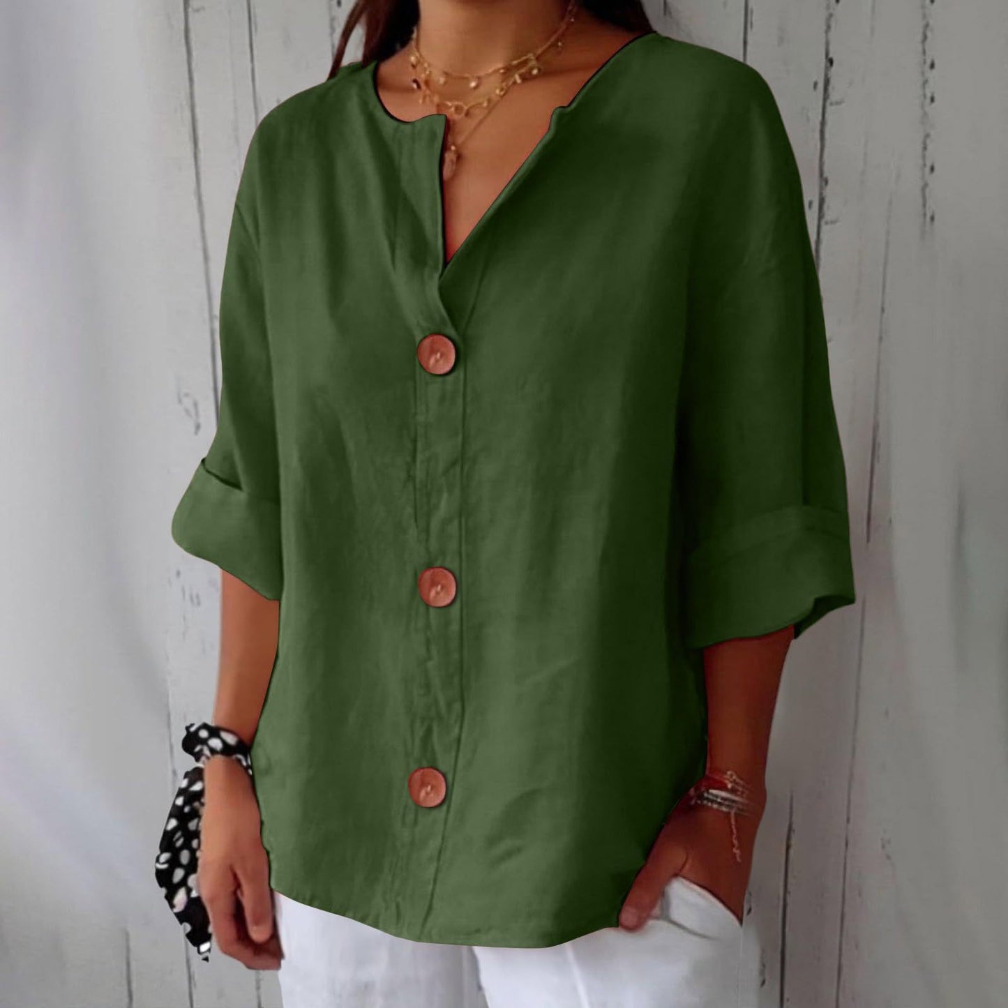 Women's V-Neck Cotton Linen Buttoned Blouse
