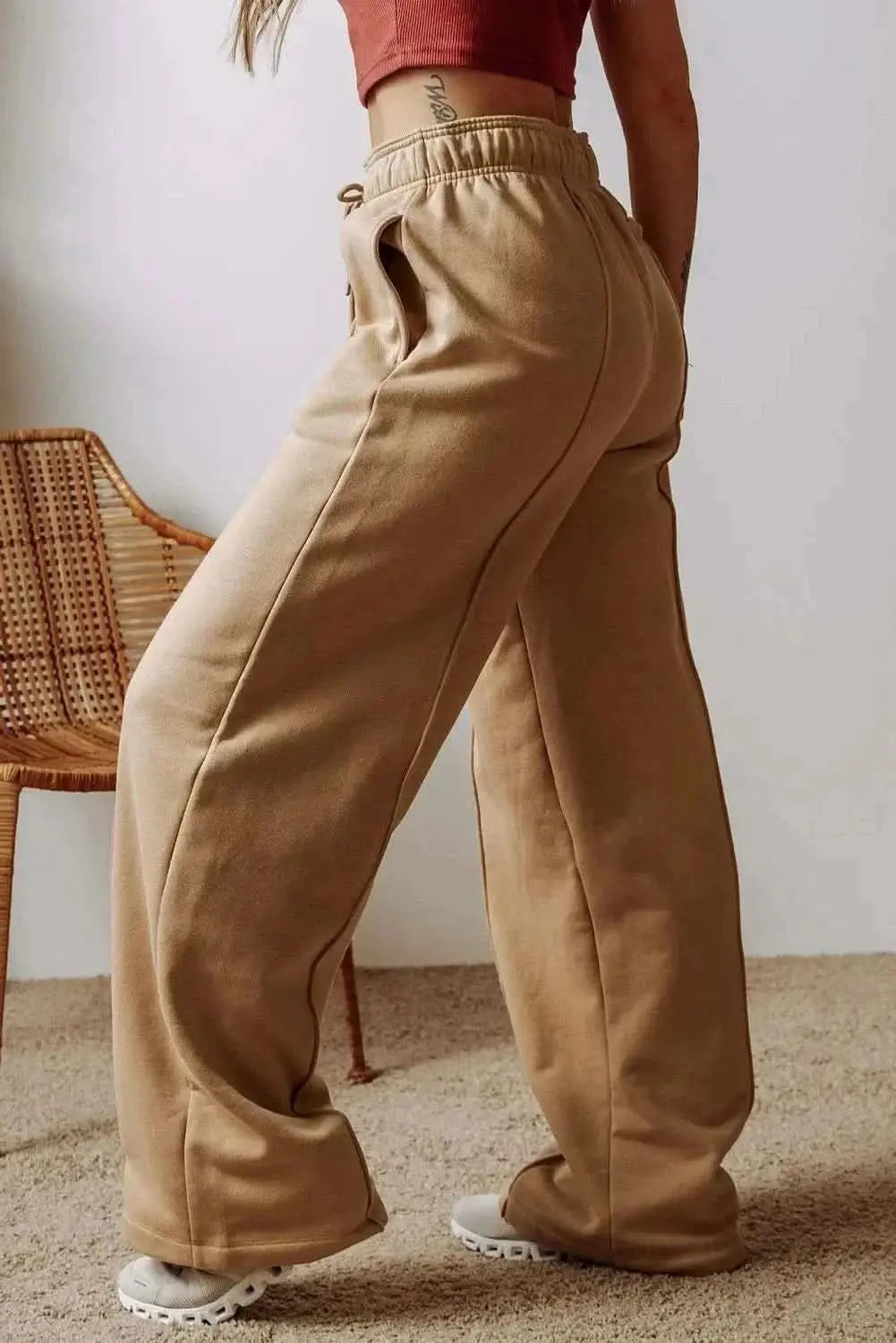 Trendsi Wide Leg Trousers Women's Casual Drawstring Pocketed Pants Comfortable Fit