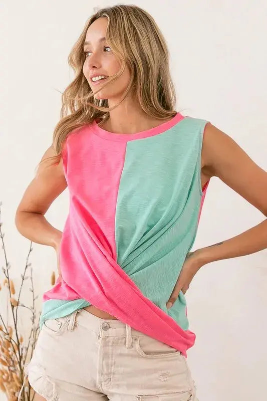Women's Tank Top - Slub Terry Color Block Twisted - Casual