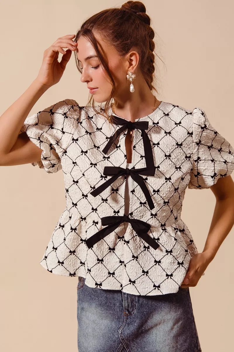 SO ME Bow Texture Woven Peplum Top With Contrast Tie