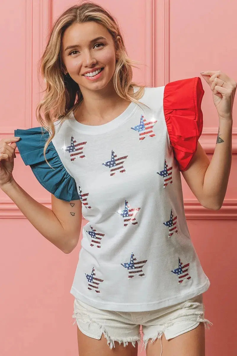 Women's T-Shirt - American Flag Sequin - Sparkly Patriotic Style