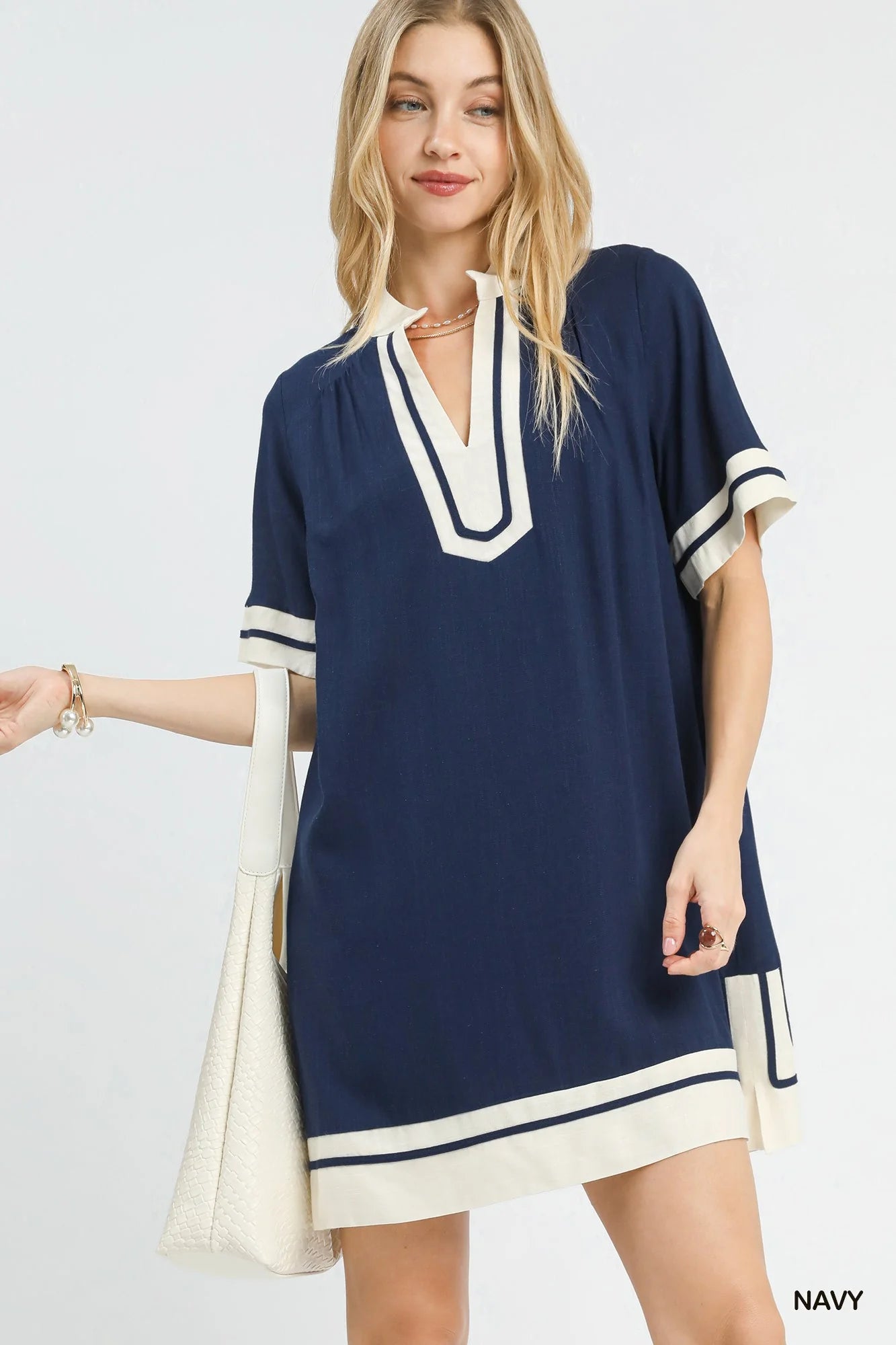 Umgee Linen Rayon Mini Dress in Navy