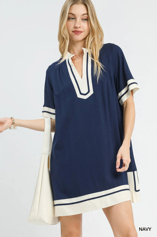 Umgee Linen Rayon Mini Dress in Navy