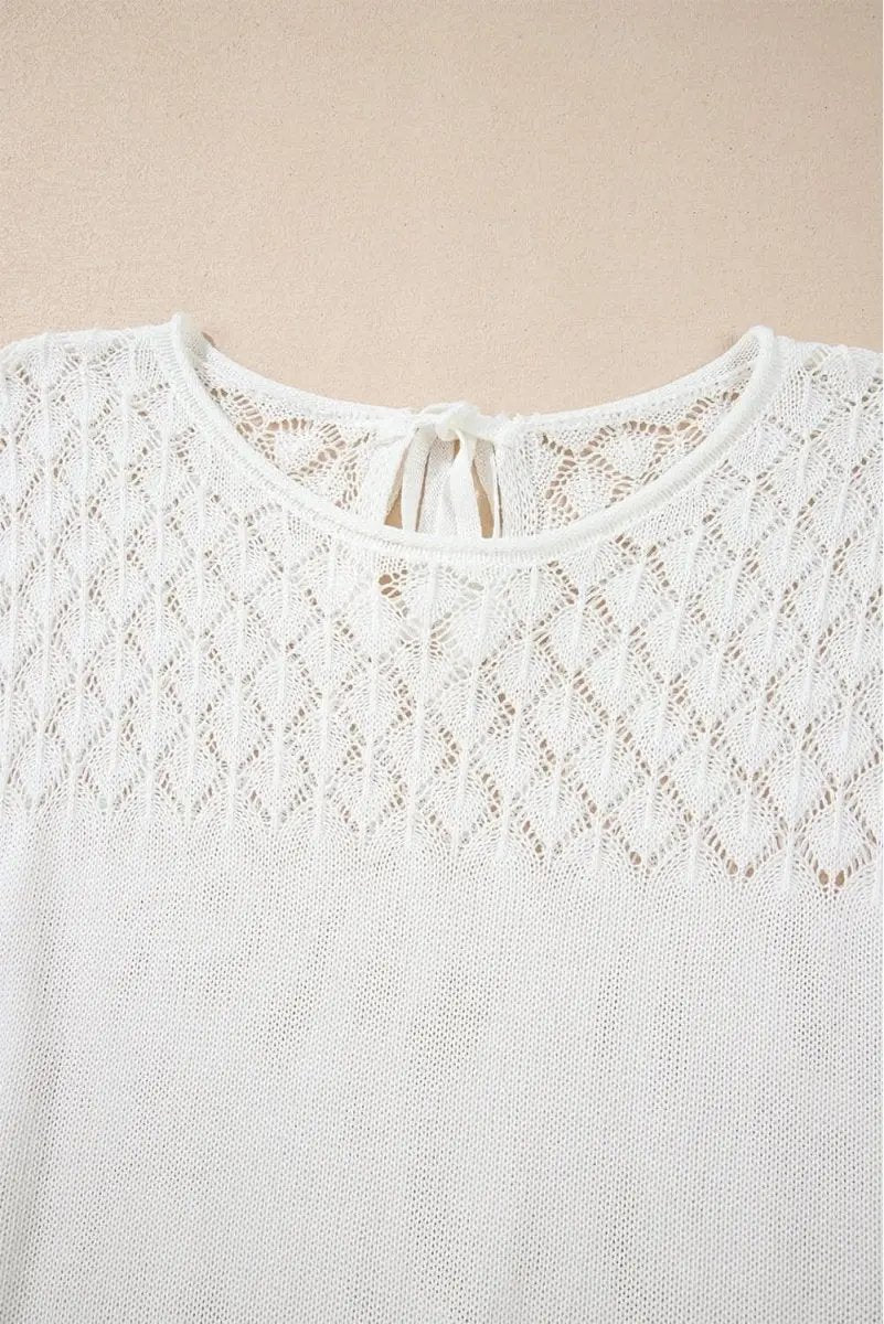 Love Salve White Eyelet Knit Women's Casual Sweater Top - Tied Back Detail