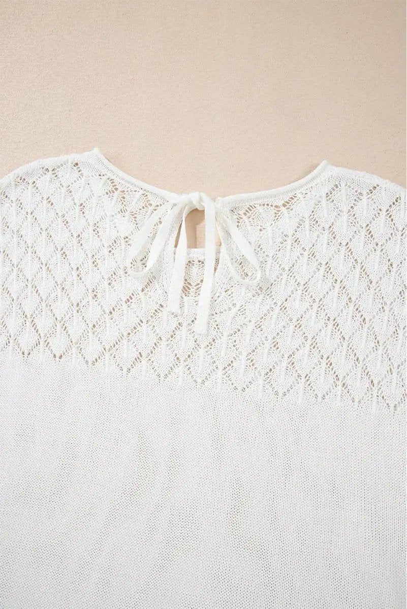 Love Salve White Eyelet Knit Women's Casual Sweater Top - Tied Back Detail