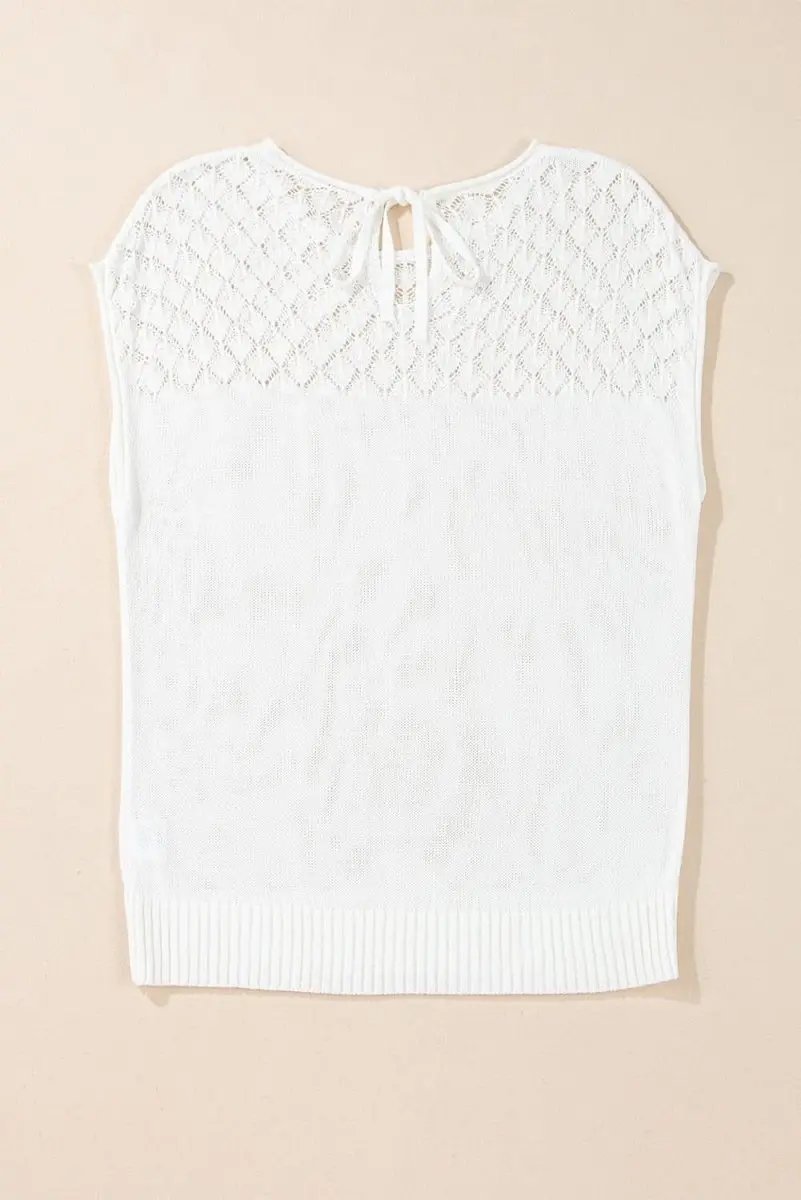 Love Salve White Eyelet Knit Women's Casual Sweater Top - Tied Back Detail
