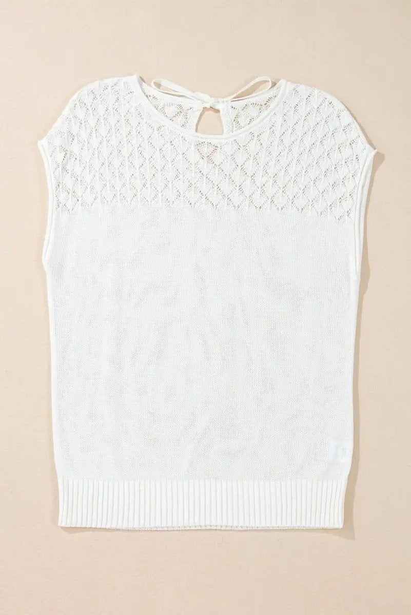 Love Salve White Eyelet Knit Women's Casual Sweater Top - Tied Back Detail