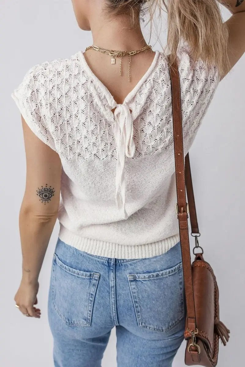 Love Salve White Eyelet Knit Women's Casual Sweater Top - Tied Back Detail