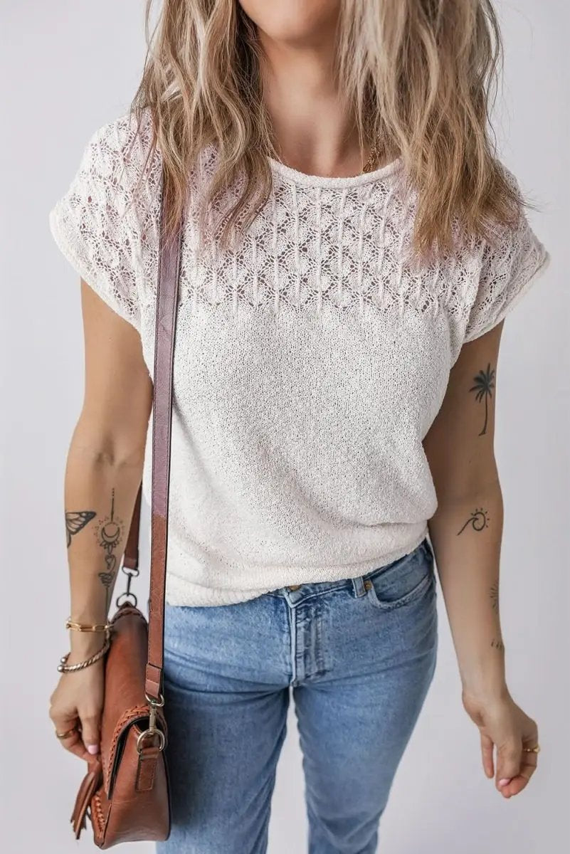Love Salve White Eyelet Knit Women's Casual Sweater Top - Tied Back Detail