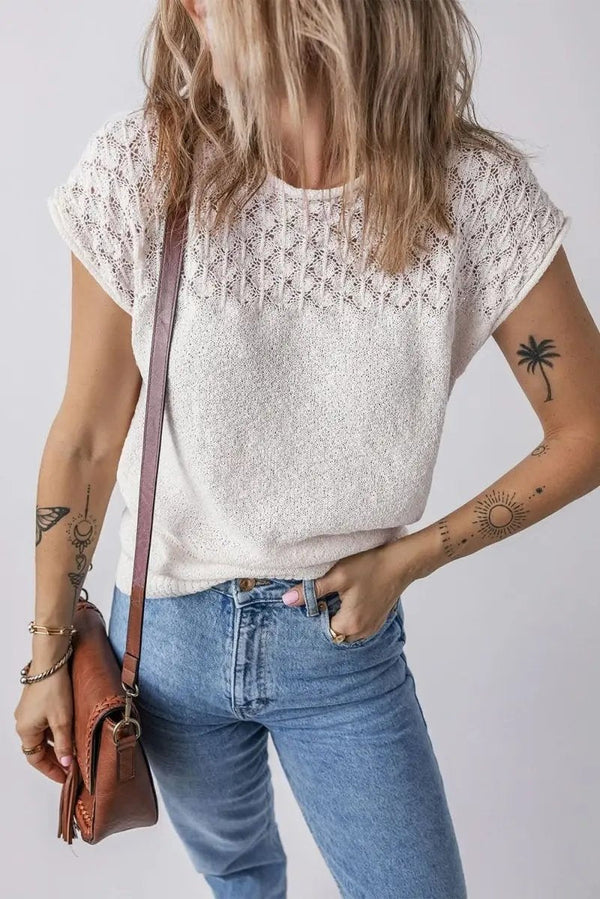 Love Salve White Eyelet Knit Women's Casual Sweater Top - Tied Back Detail