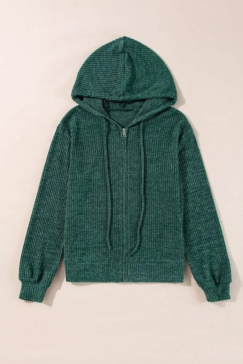 Love Salve Ribbed Green Hoodie Daily Wear Women's Zip-Up Drawstring Casual