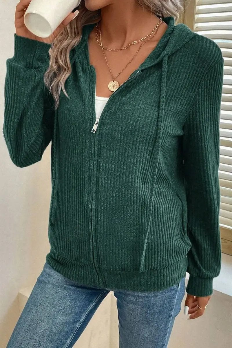 Love Salve Ribbed Green Hoodie Daily Wear Women's Zip-Up Drawstring Casual