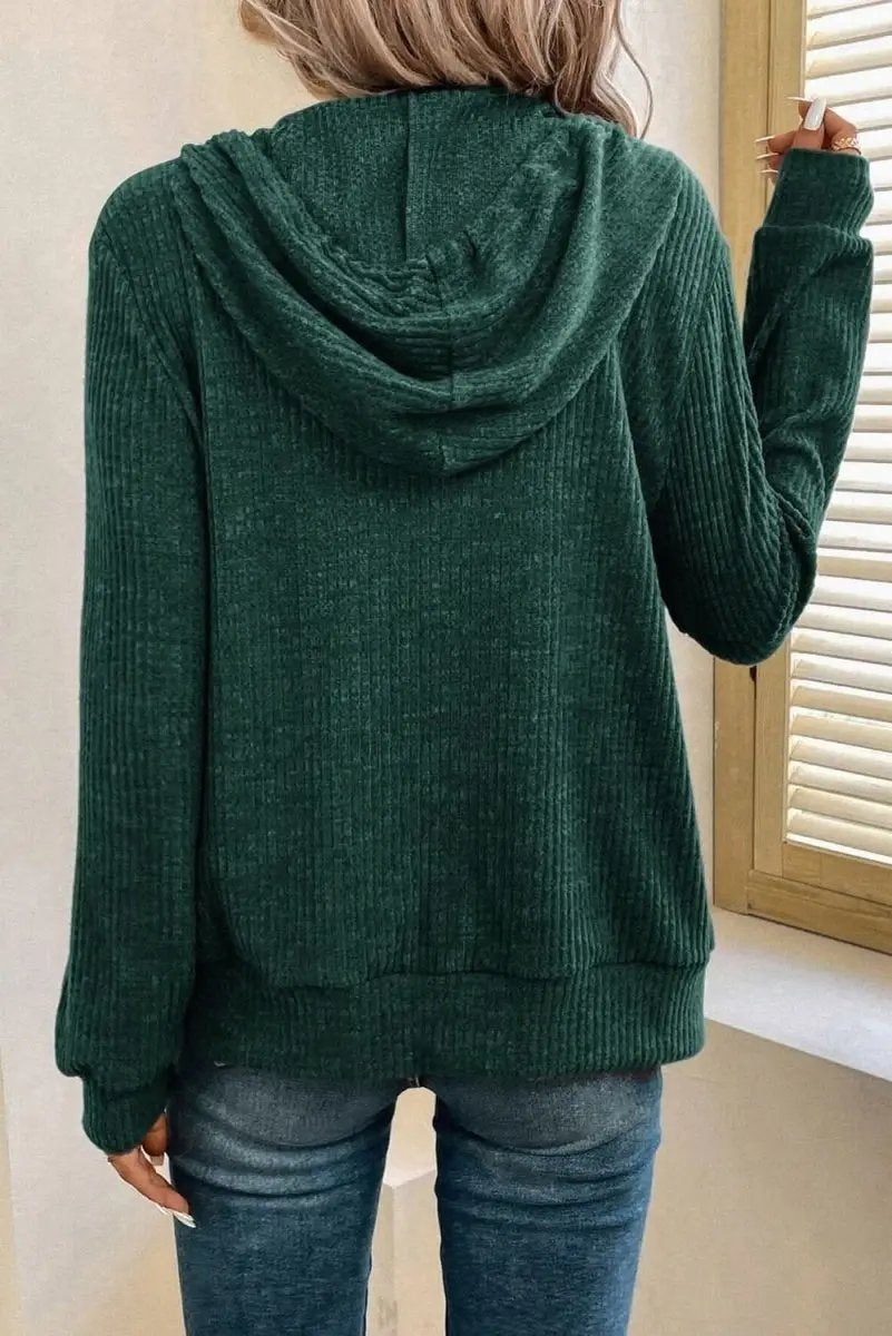 Love Salve Ribbed Green Hoodie Daily Wear Women's Zip-Up Drawstring Casual